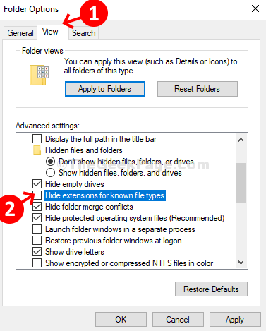 Folder Options View Tab Uncheck Hide Extension For Known File Types