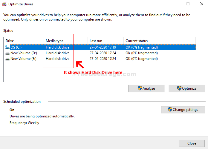 Optimize Drives Media Type Hard Disk Drive