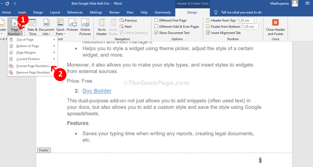 word page numbers roman and arabic