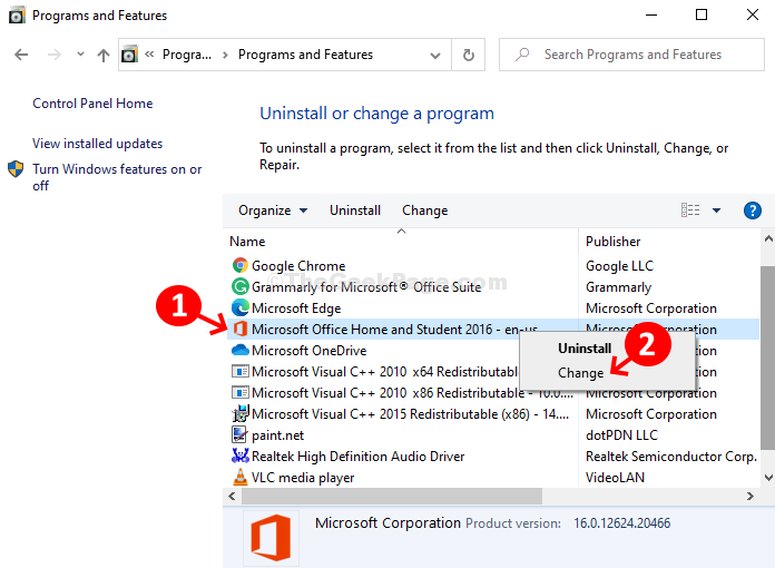 Programs And Features Microsoft Office Home And Studen 2016 Right Click Change