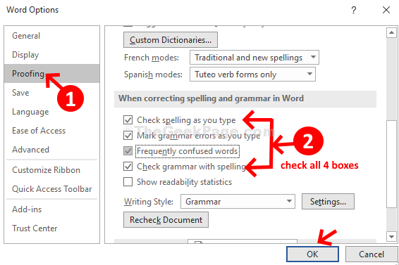 Proofing Check When Corecting Spelling And Grammar In Word Ok