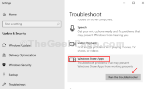 Settings app Troubleshoot Windows store apps run the troubleshooter