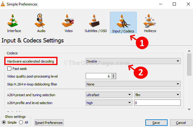 Simple Preferences Input Codecs Hardware Accelerated Decoding Disable