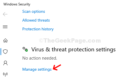 Virus & Threat Protection Virus & Threat Protection Settings Manage Settings