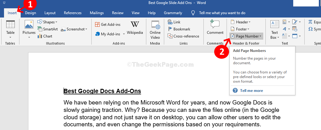 Word Doc Insert Tab Page Number