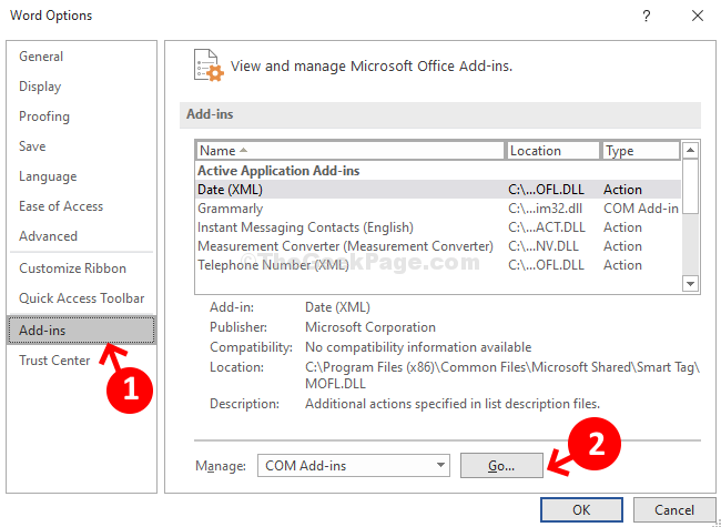 Word Options Add Ins Manage Com Add Ins Go
