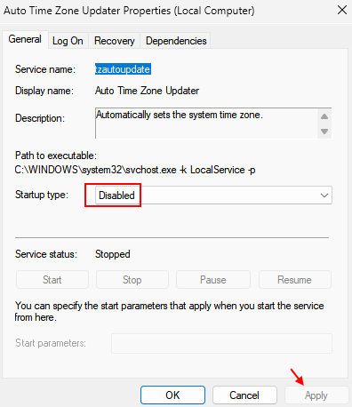 Startup Type Disabled 1 Min