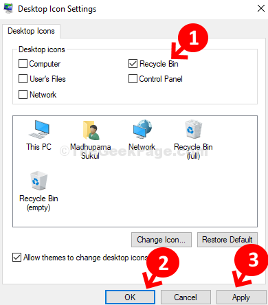 Desktop Icon Settings Check Recycle Bin Apply Ok