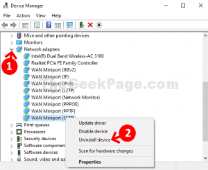 Device Manager Network Adapters Expand Wan Miniport (sstp) Right Click Uninstall Device