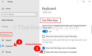 Ease of Access Interaction Keyboard Use Filter Keys uncheck Beep when keys are pressed or accepted