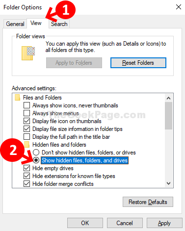 Folder Options View Hidden Files And Folders Show Hidden Files, Folders, And Drivers Apply Ok