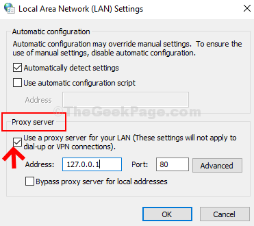 Configuración de Lan Compruebe Usar un servidor Proxy Para Su Lan