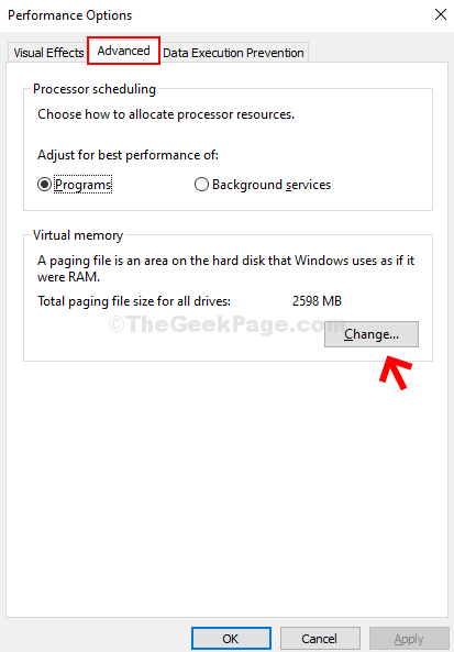 Performance Options Advanced Tab Virtual Memory Change