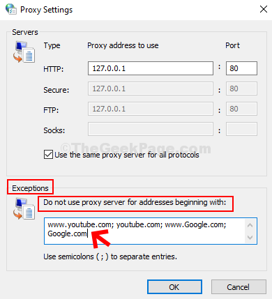 Setări Proxy excepții nu utilizați server Proxy pentru adrese care încep cu tipul adrese Web