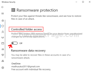 Ransomware protection Controlled folder access turn off