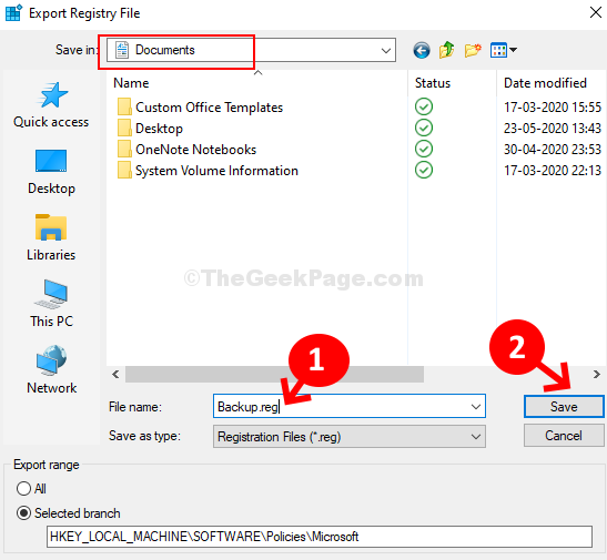 Select Location To Save Documents Backup.reg Save