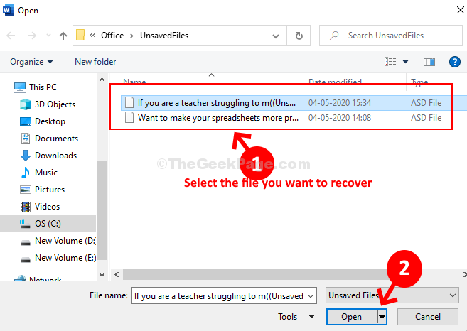 Select The File To Be Recovered Open