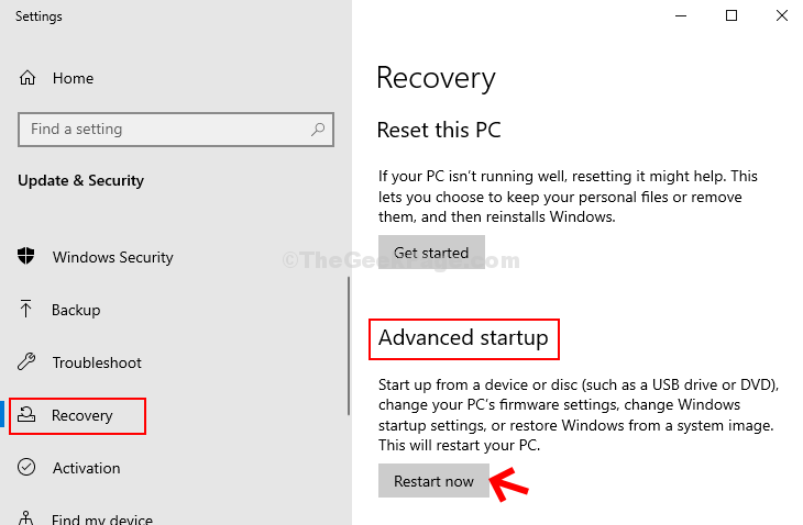 Settings Recovery Advanced Startup Restart Now