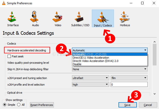 Simple Preferences Input Codecs Hardware Accelerated Decoding Automatic Save