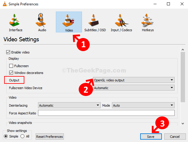 Simple Preferences Video Output Opengl Video Output Save