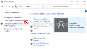 User Accounts click on Create a password reset disk
