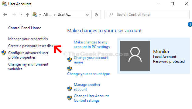 User Accounts Click On Create A Password Reset Disk