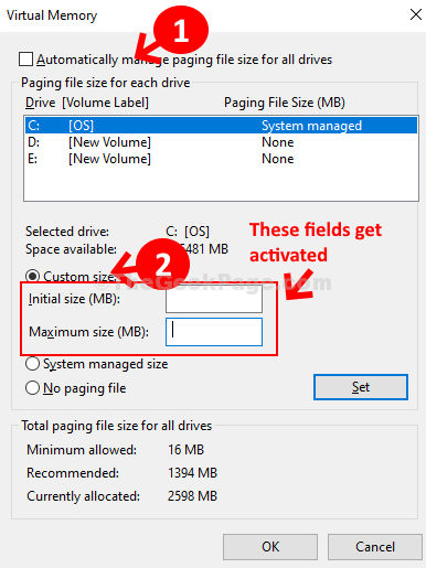 Virtual Memory Automatically Manage Paging File Size For All Devices Custom Size