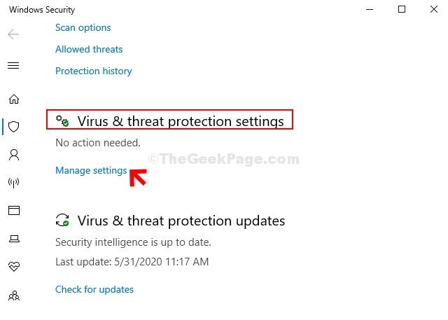 Virus & Threat Protection Settings Manage Settings