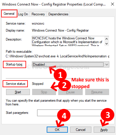 Windows Connect Now Properties General Startup Type Disabled Service Status Stopped