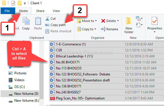 Ctrl + A Select All Files Home Tab Copy Path