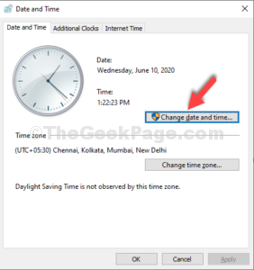 Date and Time window Change date and time button