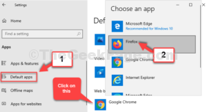 Default Apps click to select browser Firefox