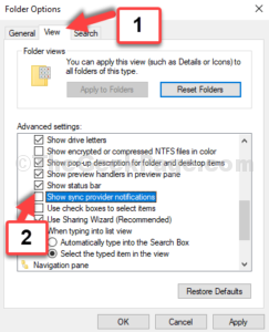 Folder Options View tab uncheck Show sync provider notifications Apply OK