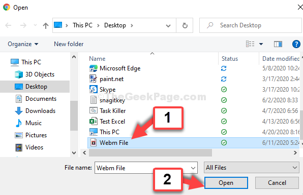 Google Chrome Ctrl + O File Location Select Webm File Open