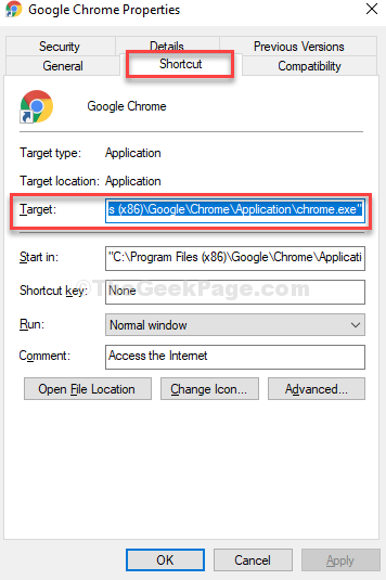 Google Chrome Properties Shortcut Target Check Text
