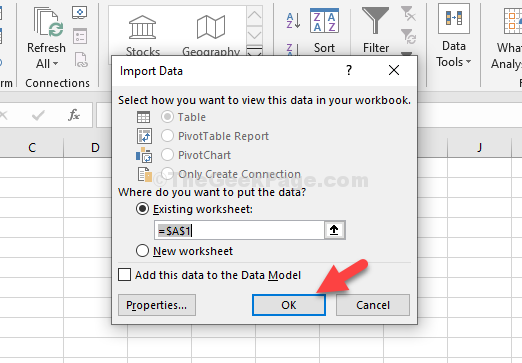 Import Data Let Existing Worksheet Checked Ok