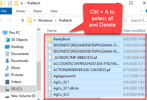 Prefetch Files Location Ctrl + A Select Delete