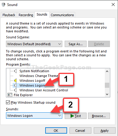 Program Events Windows Logon Windows Logon Apply Ok