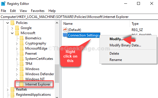 Registry Editor Navigate To Path Internet Explorer Conection Settings Right Click Modify