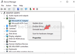 Select Microsoft AC Adapter right click Uninstall device