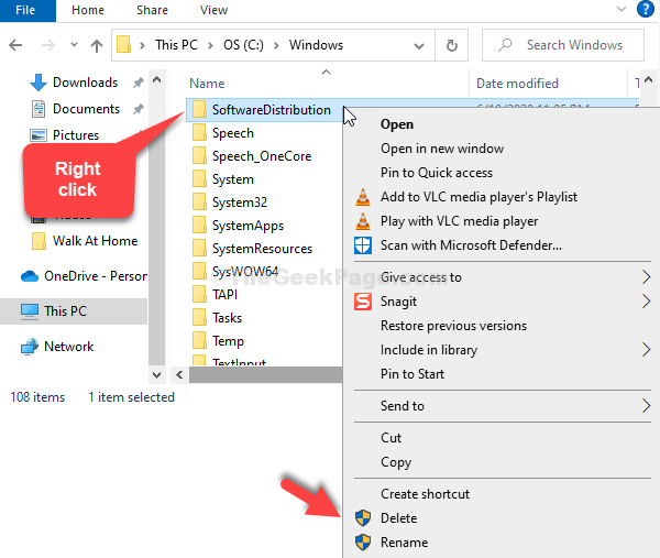 Win + E File Explorer This Pc C Drive Windows Softwaredistribution Right Click Delete