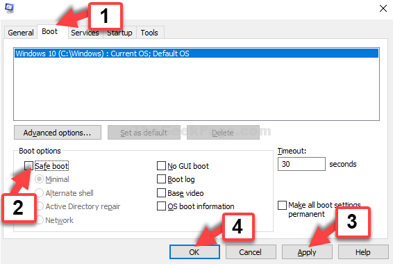 Msconfig Window Boot Tab Uncheck Safe Mode Apply Ok