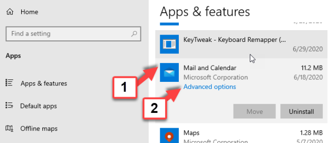 Apps Features Mail and Calendar Advanced options