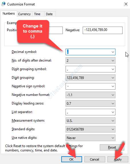 Customize Format Numbers Tab Decimal Symbol Comma