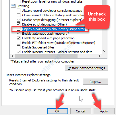 Internet Options Advanced Tab Settings Display A Notification About Every Script Error Uncheck