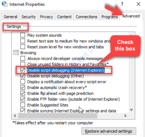 Internet Options Advanced tab Settings Disable script debugging Internet Explorer check 1