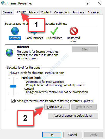 Internet Properties Security Tab Custom Level