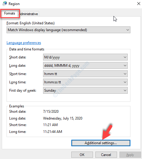 Region Formats Tab Additional Settings