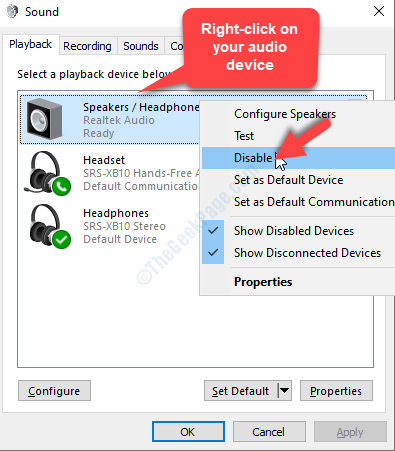Select Audio Device Right Click Disable