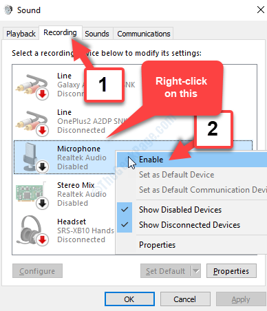 Sound Recording Tab Microphone Right Click Enable